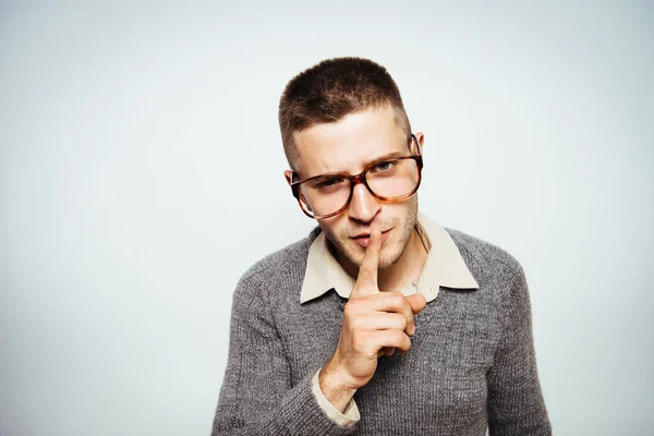 Hombre Puso Dedo Sus Labios — Foto de Stock