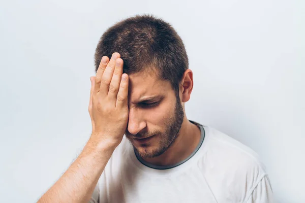 Man Covers His Face Hand — Stock Photo, Image