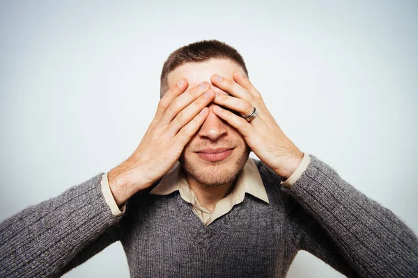 Man Closes Eyes Her Hands — Stock Photo, Image