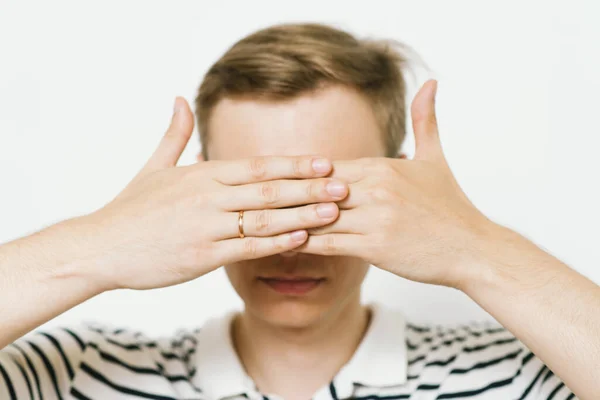 Man Closes Eyes Her Hands — Stock Photo, Image