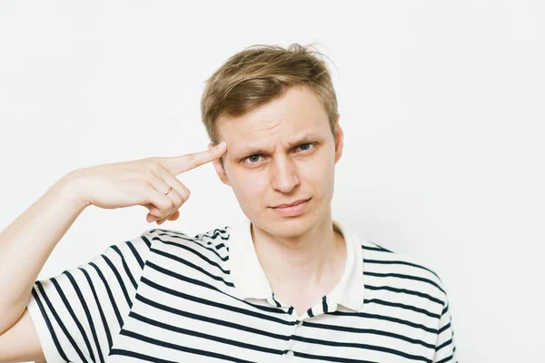 Closeup Portrait Angry Man Gesturing His Finger His Temple You — Stock Photo, Image