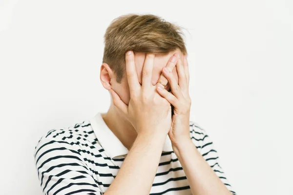 Man Closes Eyes Her Hands — Stock Photo, Image