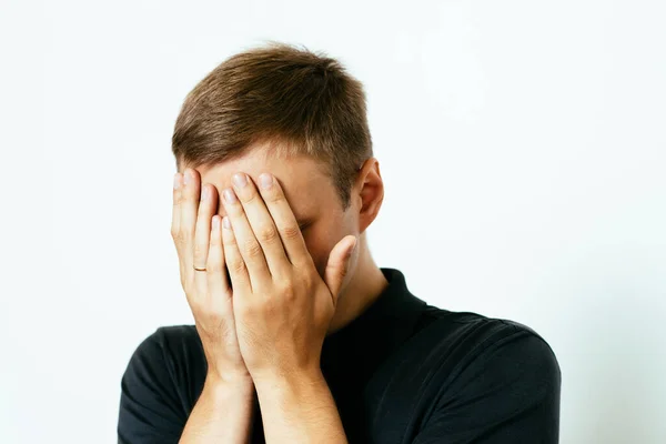 Man Closes Eyes Her Hands — Stock Photo, Image