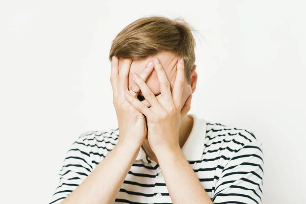 Man Closes Eyes Her Hands — Stock Photo, Image