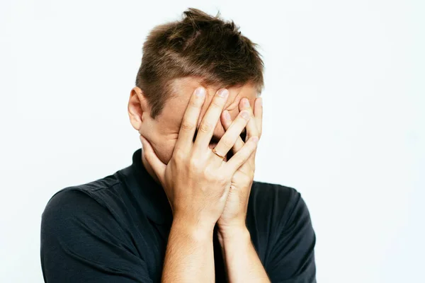 Man Covered His Face His Hands — Stock Photo, Image