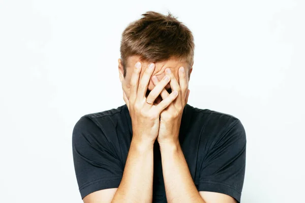 Man Covered His Face His Hands — Stock Photo, Image