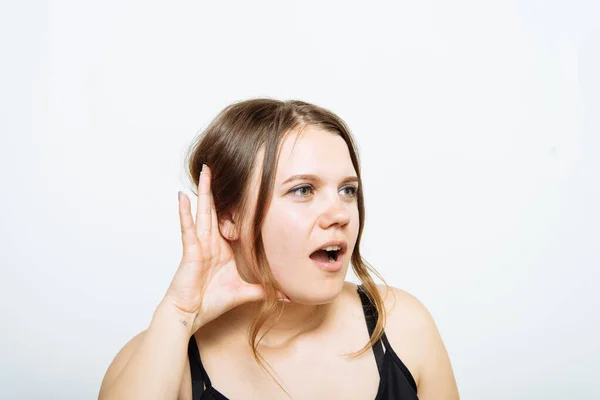 Overhears Woman Tries Listen — Stock Photo, Image