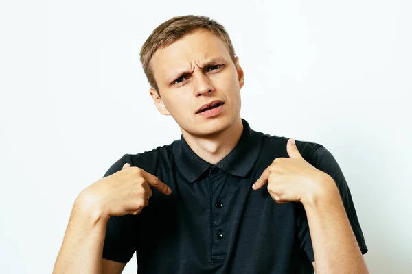 Male Hand Forefinger Pointing Himself Chest Gesture Who — Stock Photo, Image