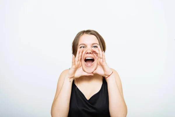 Llama Alguien Mujer Estudio Fotográfico — Foto de Stock