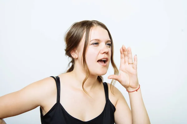 Llama Alguien Mujer Estudio Fotográfico —  Fotos de Stock