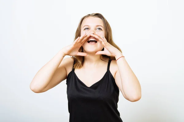 Llama Alguien Mujer Estudio Fotográfico — Foto de Stock