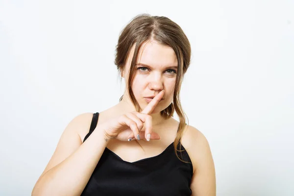 Mujer Puso Dedo Sus Labios — Foto de Stock