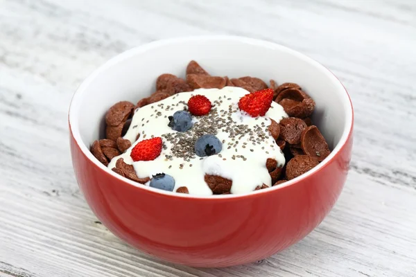 Flocons de céréales au chocolat au petit déjeuner avec yaourt et graines de chia — Photo