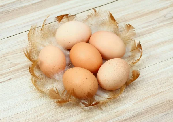 Fundo de Páscoa feito de ovos de Páscoa e penas de frango ao redor — Fotografia de Stock