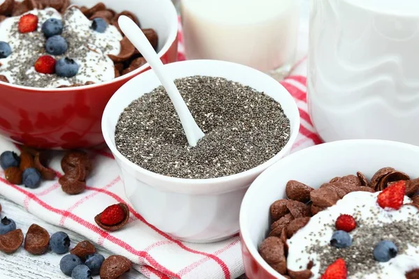 Flocons de céréales au chocolat au petit déjeuner avec yaourt et graines de chia — Photo