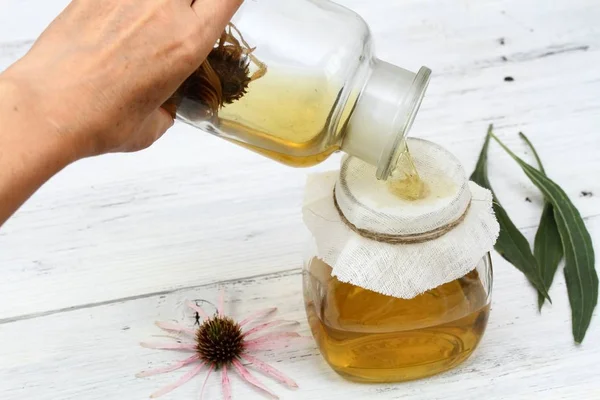 Filtrierende Tinktur aus den Blütenköpfen der schmalen lila Zapfenblume — Stockfoto