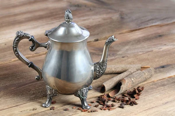 Antique Silver Teapot Cinnamon Star Anise Beautiful Luxury Silver Kettle — Stock Photo, Image