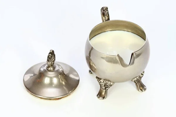 Antique Silver Bowl Milk Lid Beautiful Luxury Silver Bowl Milk — 스톡 사진