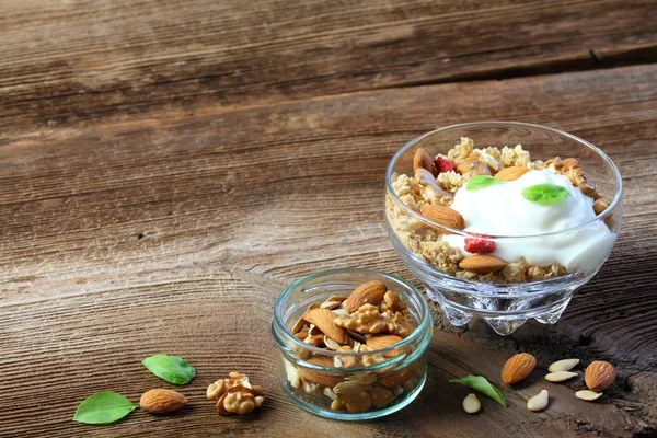 Céréales Petit Déjeuner Dans Bol Granola Frais Muesli Yaourt Amandes — Photo