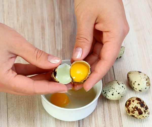 Breaking Raw Patridge Egg White Bowl Broken Egg Cooking Woman — Stock Photo, Image