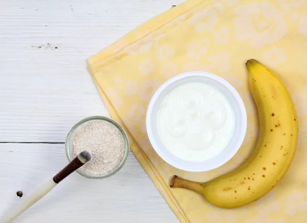 Ingredients Homemade Facial Mask Top View Banana Plain Yogurt Finely — Stock Photo, Image