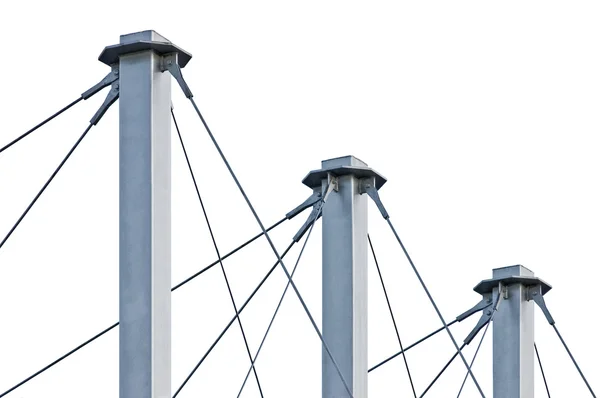 Tied Suspension Roof Cables, Three Tall Grey Isolated Masts, Cable-suspended Swooping Rooftop Pylon Anchors, Pale Blue Summer Sky, Large Detailed Horizontal Closeup, Contemporary Construction Concept