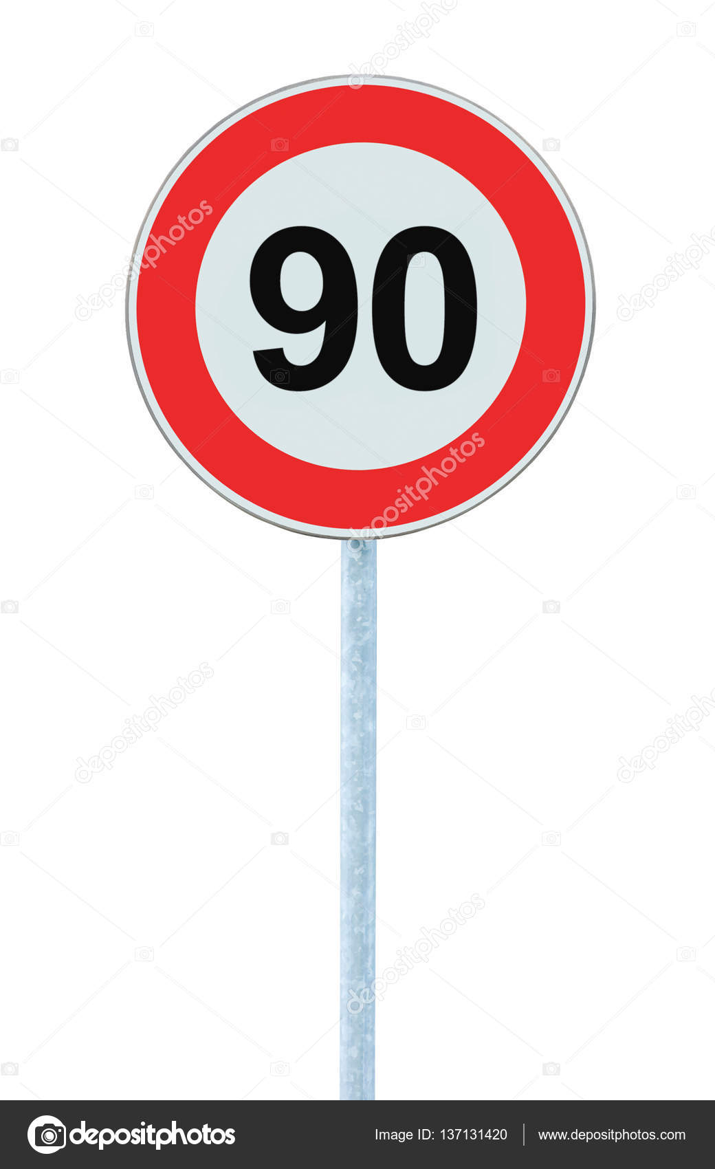 Speed Limit Zone Warning Road Sign, Isolated Prohibitive 90 Km Kilometre Kilometer