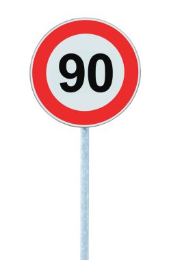 Hız sınırı bölge uyarı yol işaret, izole engelleyici 90 Km Kilometre doksan kilometre maksimum trafik sınırlama emri, kırmızı daire, büyük detaylı portre
