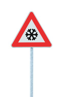 Dikkat, kar veya buz yol işaret, izole, buz gibi riskli kış kaygan trafik devam, kar yağışı risk uyarı tabelasını, siyah kar tanesi simgesi, kırmızı üçgen kare, büyük detaylı dikey closeup