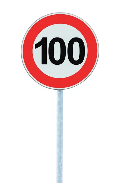 Speed Limit Zone Warning Road Sign, Isolated Prohibitive 100 Km Kilometre Kilometer Maximum Traffic Limitation Order, Red Circle, Large Detailed Closeup — Stock Photo, Image