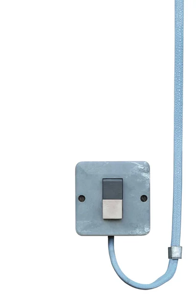 Equipo eléctrico al aire libre control botón industrial interruptor de alimentación primer plano, aislado envejecido envejecido grungy cable de alambre azul gran espacio de copia vertical — Foto de Stock