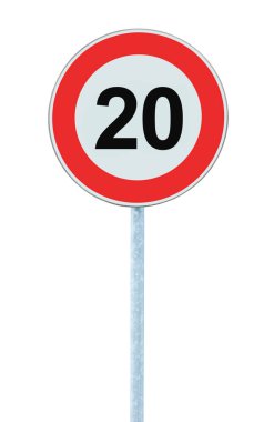 Hız sınırı bölge uyarı yol işaret, izole engelleyici 20 Km Kilometre yirmi kilometre maksimum trafik sınırlama emri, kırmızı daire, büyük detaylı portre