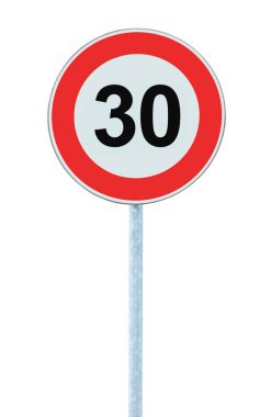 Hız sınırı bölge uyarı yol işaret, izole engelleyici 30 Km Kilometre kilometre maksimum trafik sınırlama emri, kırmızı daire, büyük detaylı portre