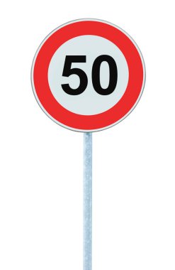 Hız sınırı bölge uyarı yol işaret, izole engelleyici 50 Km Kilometre elli kilometre maksimum trafik sınırlama emri, kırmızı daire, büyük detaylı portre