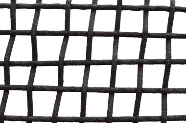 Eski yaşlı Rusty kılavuz kafes çit demir ızgara, izole Grungy yatay büyük ayrıntılı makro Closeup, Grunge pas Metal çubukları Mesh ayrıntı, Vintage Framework güvenlik kavramı mecaz yıpranmış