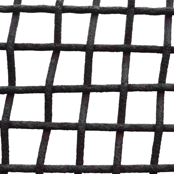 Ηλικιωμένος ξεπερασμένο πλέγμα σκουριασμένο κλουβί σιδήρου φράχτη τρίψιμο, απομονωμένες Grungy μεγάλη λεπτομερείς μακροεντολή Closeup, Grunge σκουριά μέταλλο μπαρ ματιών λεπτομέρεια, Vintage πλαίσιο ασφαλείας έννοια αλληγορία — Φωτογραφία Αρχείου