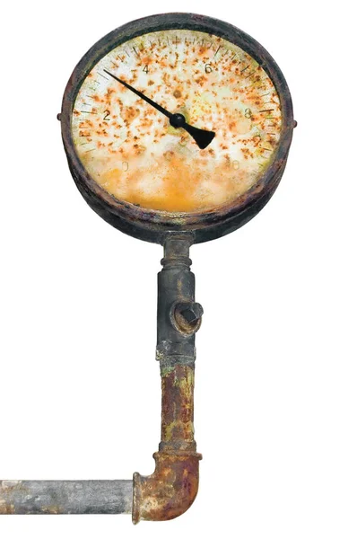 Industriella manometer, isolerade manometer, förstört gamla år väderbitna grunge rostiga vintage kontroll enhet, grungy mätinstrument, rostiga VVS-rör, rost mätaren pipeline, stor detaljerad vertikala närbild Stockfoto