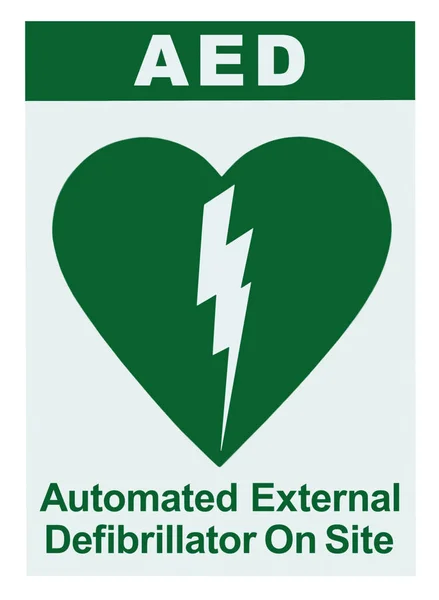 AED Automated External Defibrillator Inside On Site Text, Green Icon, White Sign Sticker Label Isolated Vertical, Cardiopulmonary Resuscitation Heart Attack Emergency First Aid Concept — Stock Photo, Image