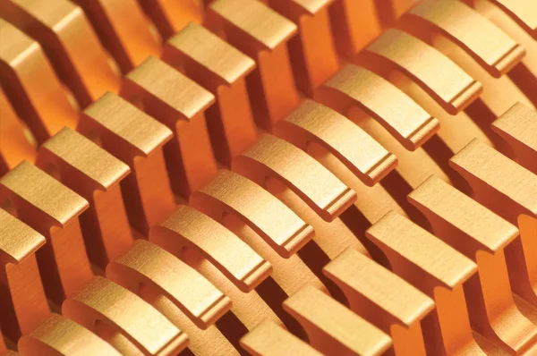 Copper CPU o GPU dissipatore di calore più fresco Macro Closeup, Grande sfondo orizzontale dettagliato Textured Pattern astratto, giallo, oro, oro, delicato Bokeh Heatsink Texture Detail — Foto Stock