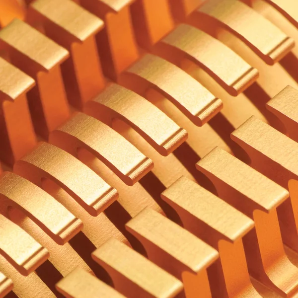 Copper CPU o GPU dissipatore di calore più fresco Macro Closeup, Grande sfondo orizzontale dettagliato Textured Pattern astratto, giallo, oro, oro, delicato Bokeh Heatsink Texture Detail — Foto Stock