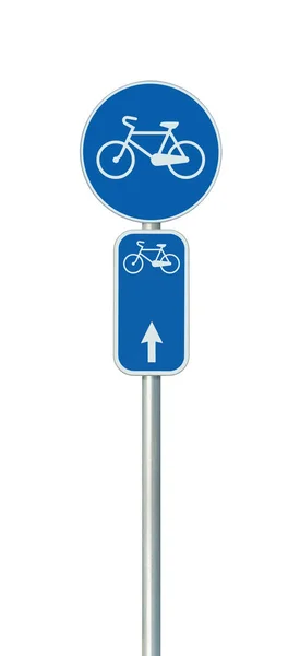 Bicycle route number and cycling lane road sign, large detailed isolated vertical closeup, European Eurovelo cycle bike network concept, white straight direction arrow, blue painted metal marker, metallic signpost pole post — Stock Photo, Image