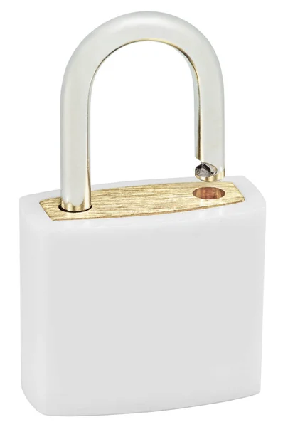 White Isolated Padlock Macro Closeup, Large Detailed Vertical Studio Shot, Open Lock Protection Security Concept, Golden Brass — Stock Photo, Image