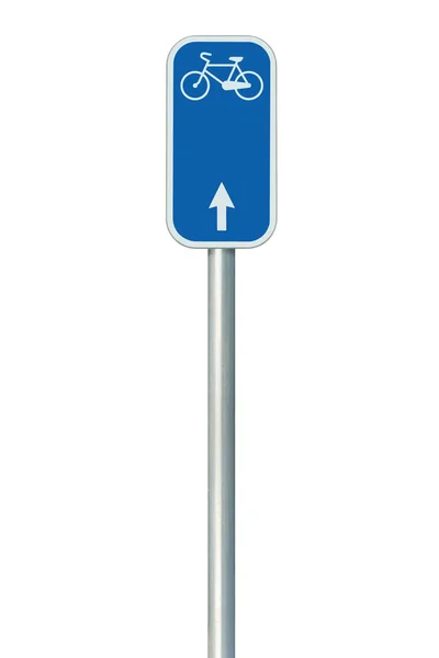 Bicycle route number road sign, large detailed isolated vertical closeup, European Eurovelo cycle bike lane network cycling concept, white straight direction arrow, blue painted metal marker, metallic signpost pole post — Stock Photo, Image