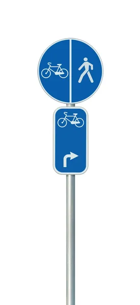 Bicycle route number, cycling and pedestrian lane road sign, large detailed isolated vertical closeup, European Eurovelo cycle bike network concept, white right direction arrow, blue painted metal marker, metallic signpost pole post — Stock Photo, Image