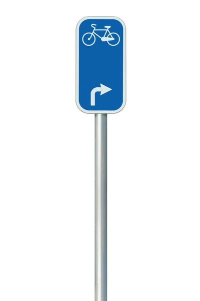 Número de ruta de la bicicleta señal de tráfico, gran primer plano vertical aislado detallado, Eurovelo Europea bicicleta carril red concepto de ciclismo, flecha blanca dirección derecha, marcador de metal pintado azul, poste de poste de señal metálica — Foto de Stock