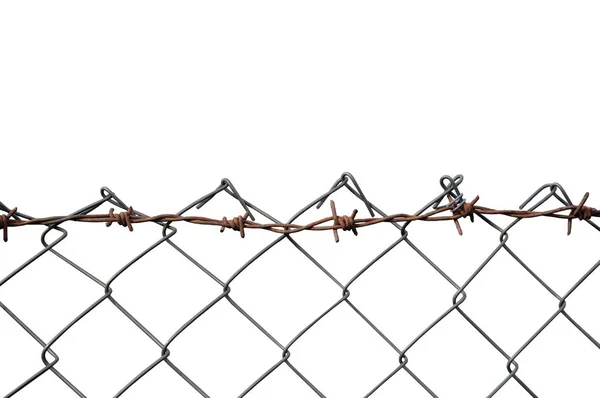 Barbed Wire Mesh Fence, Rust Barb Detail, Isolated Horizontal Rusty Barbwire, Old Aged Weathered Rusted Grey Iron, Grungy Large Detailed Macro Closeup, Grunge Vintage Security Concept Metaphor — Stock Photo, Image