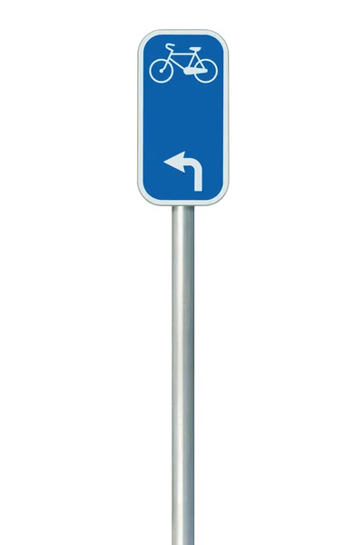 Número de ruta de la bicicleta señal de tráfico, gran primer plano vertical aislado detallado, Eurovelo Europea bicicleta carril red concepto de ciclismo, flecha de dirección izquierda blanca, marcador de metal pintado azul, poste de poste de señal metálica — Foto de Stock