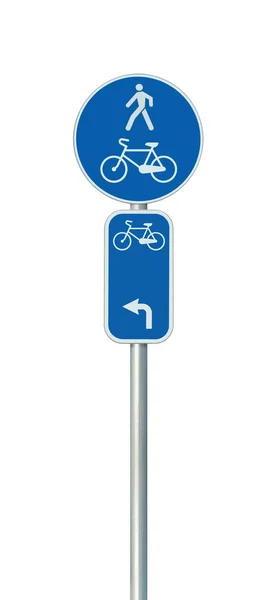 Bisiklet rota numarası, Bisiklet ve yaya şeritli yol işaret, büyük detaylı izole dikey closeup, Avrupa Eurovelo döngüsü Bisiklet ağ kavramı, beyaz sol yön oku, mavi boyalı metal marker, metalik tabelasını direk mesaj — Stok fotoğraf