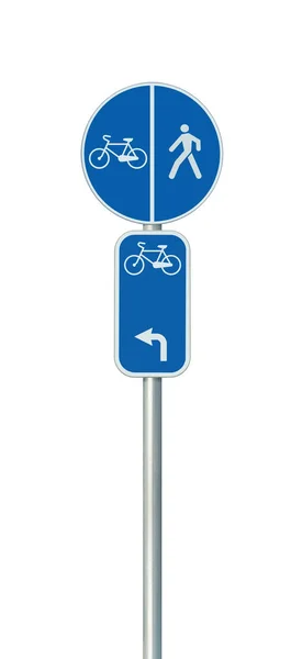 Cykel Flödesnummer, cyklister och fotgängare lane vägmärke, stor detaljerad isolerade vertikala närbild, Europeiska Eurovelo cykel cykel nätverk koncept, vit vänster riktningspilen, blå målad metall markör, metalliska Signposten pole inlägg — Stockfoto