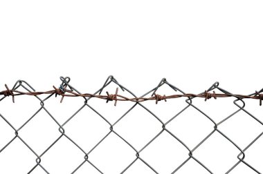 Dikenli tel örgü çit, pas Barb ayrıntı, yatay Rusty Barbwire izole, paslı gri demir, Grungy büyük ayrıntılı makro Closeup, Grunge Vintage güvenlik kavramı mecaz eski yaşlı yıpranmış